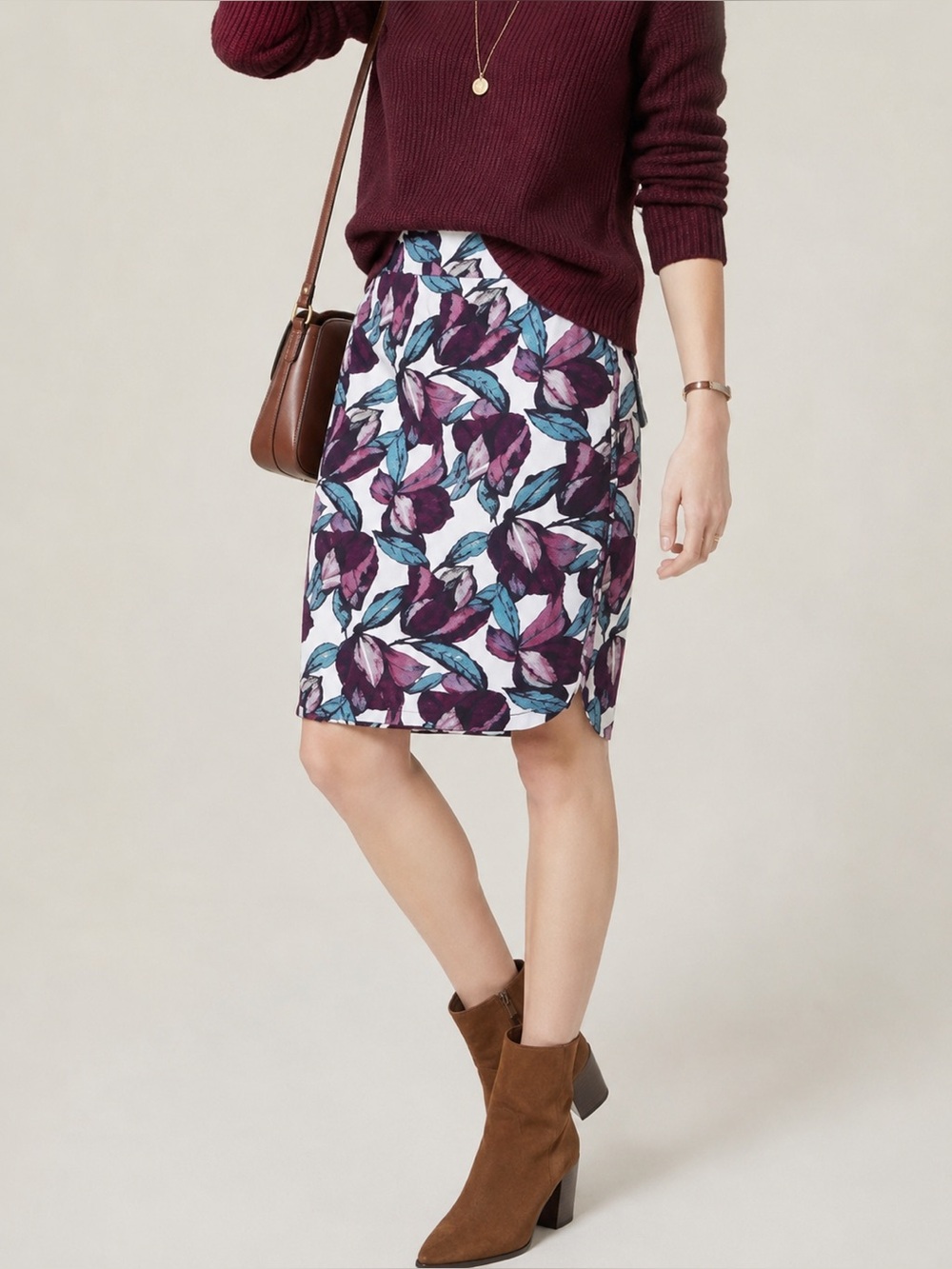 LOFT Floral Pencil Skirt in Burgundy, Teal, White 6p